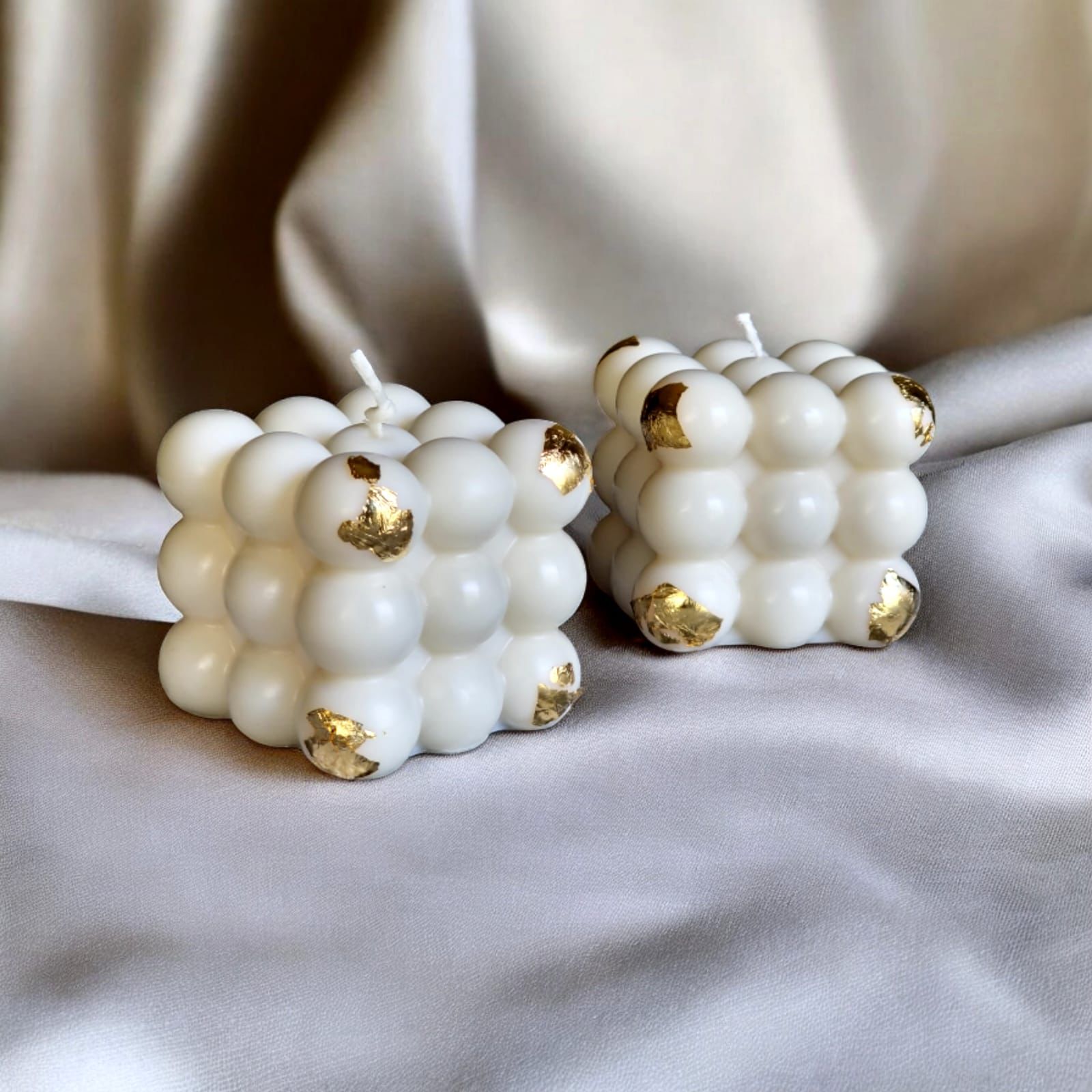 Bubble cube candles with gold accents