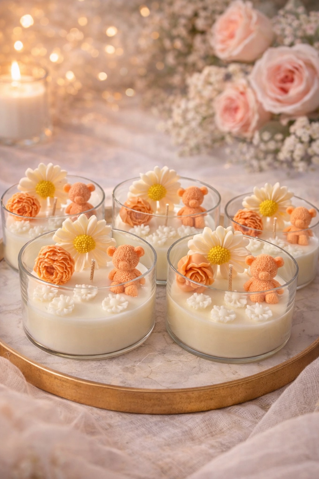Daisy and teddy candle collection in glass jars