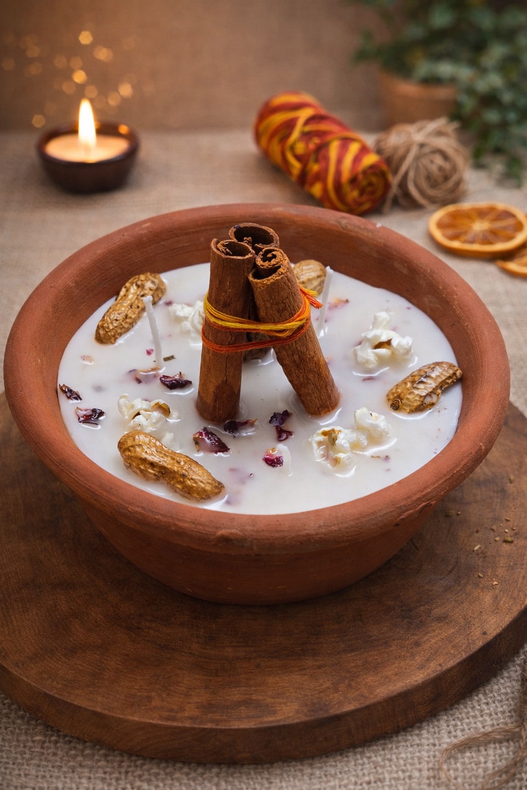 Earthen bowl candle with cinnamon and botanicals